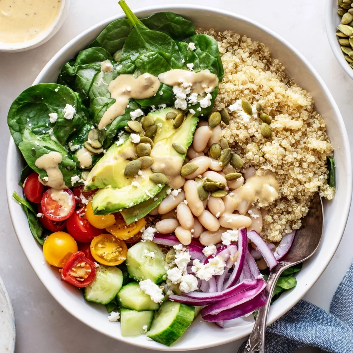 Spinach & White Bean Ultimate Protein Power Bowl is served in individual bowls with red onion slices and optional feta cheese, ready for a nourishing lunch.