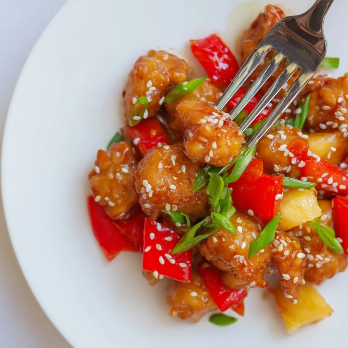 A close up view of sticky pineapple chicken with vibrant red bell pepper and fresh pineapple chunks on a rustic wooden table.