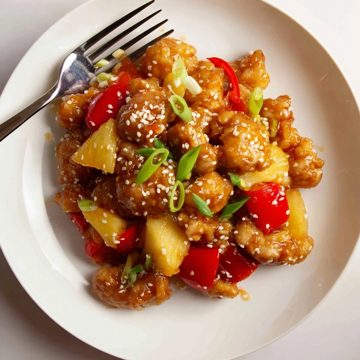 Glistening pieces of sticky pineapple chicken glazed in sweet tangy sauce, served over steamed jasmine rice in a white bowl.