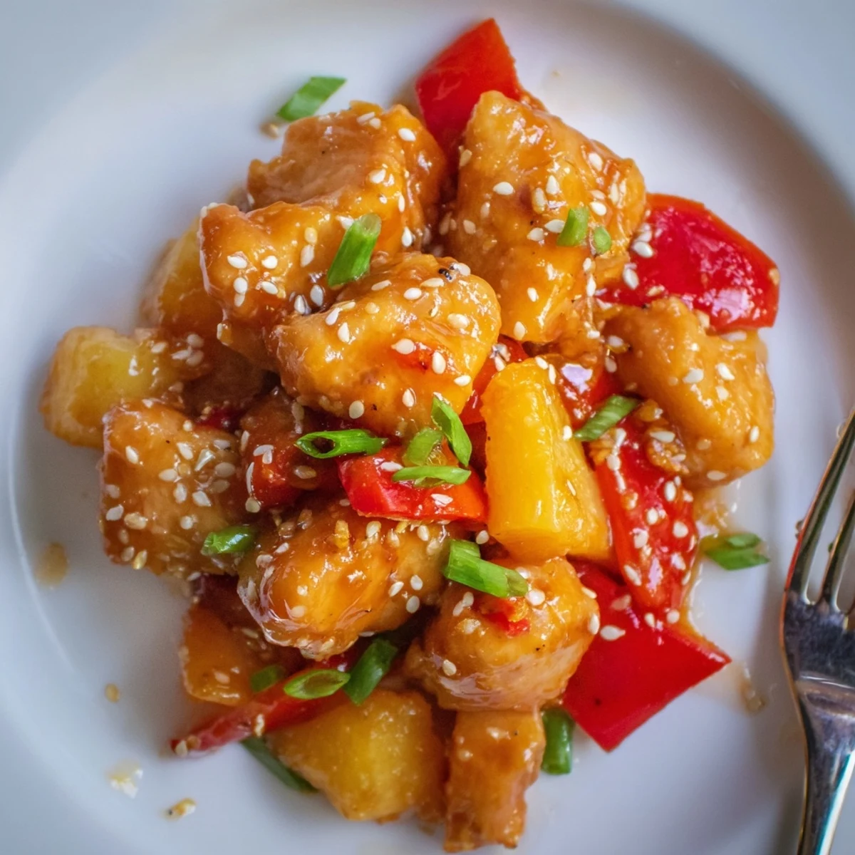 Hearty bowl of sticky pineapple chicken topped with green onions and sesame seeds, ready for a quick weeknight dinner.