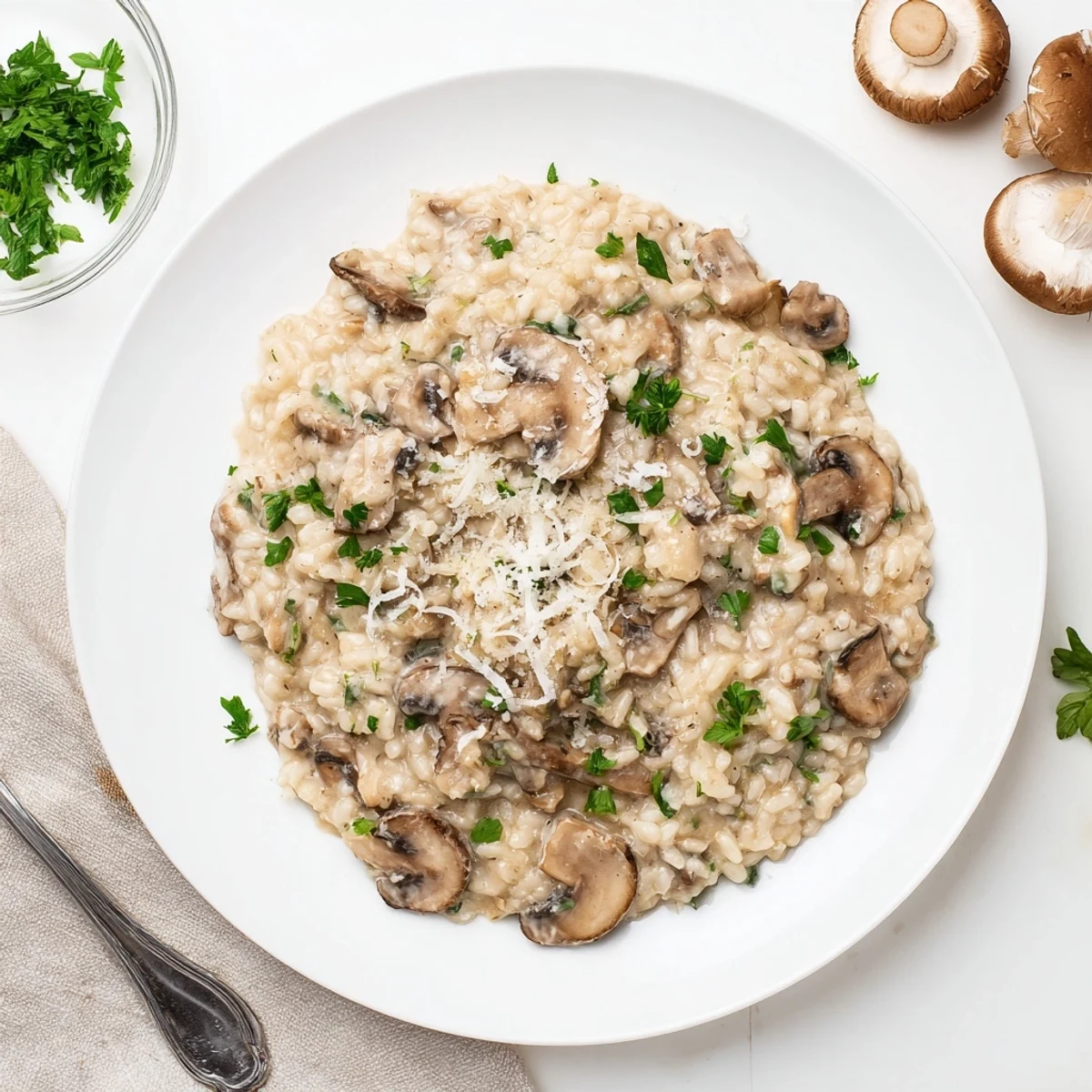 A ladle serves Creamy Mushroom Risotto from a pan beside a glass of white wine for dinner.