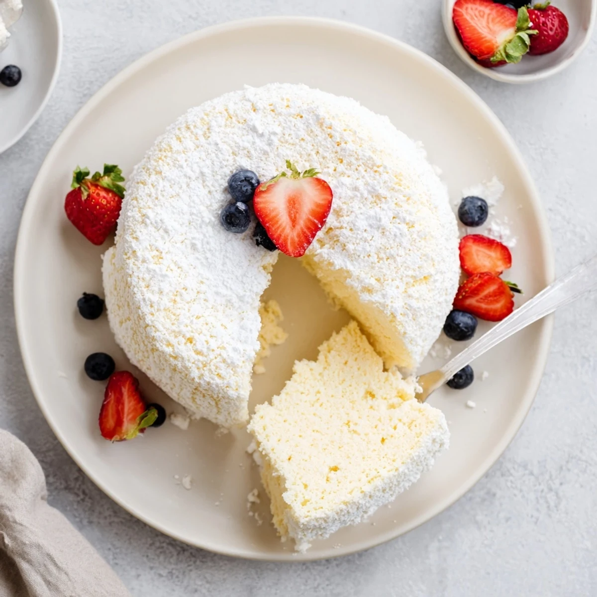 A slice of fluffy yogurt cloud cake shows its tender, airy crumb next to a dollop of whipped cream.