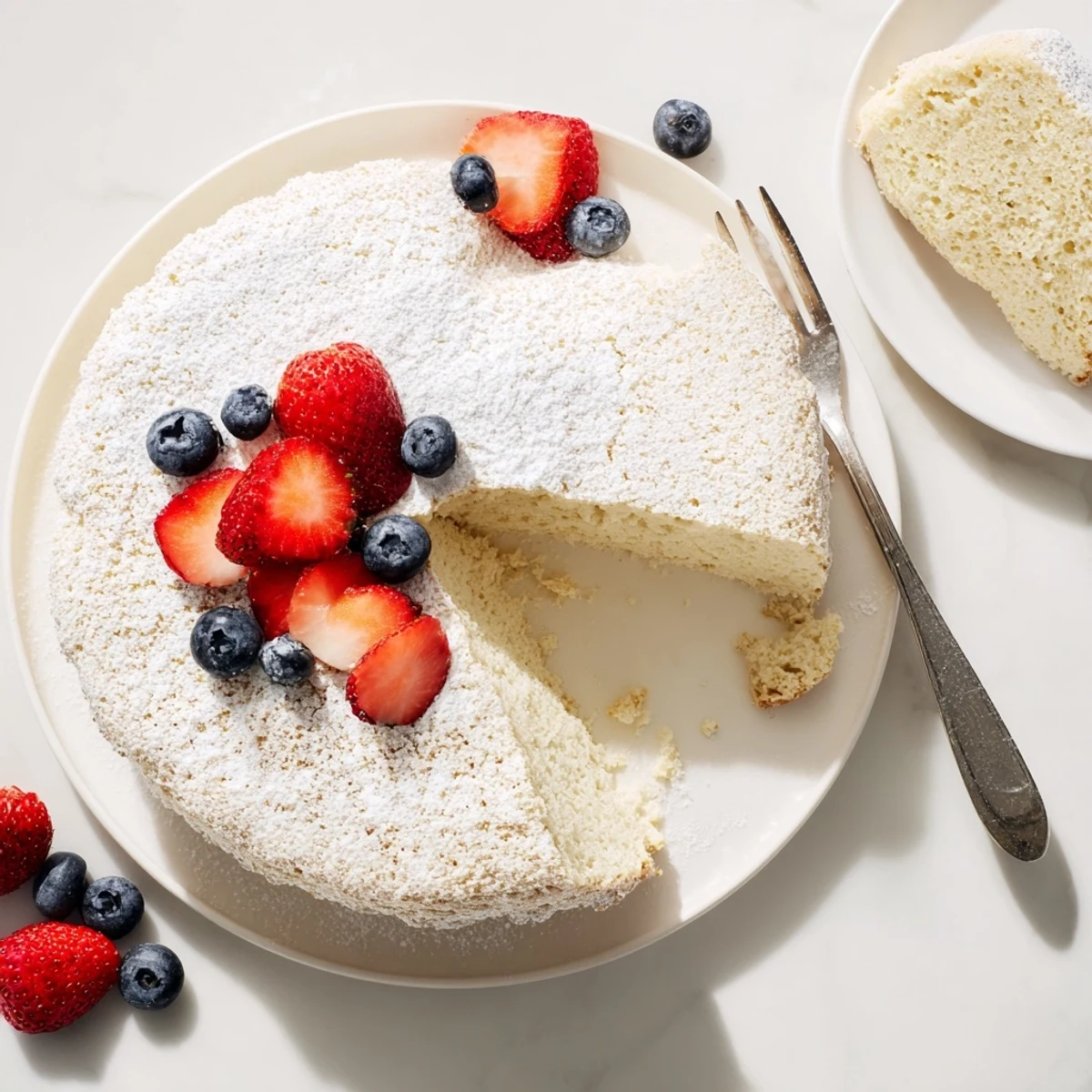 A fluffy yogurt cloud cake is dusted with powdered sugar and topped with fresh red raspberries on a white plate.