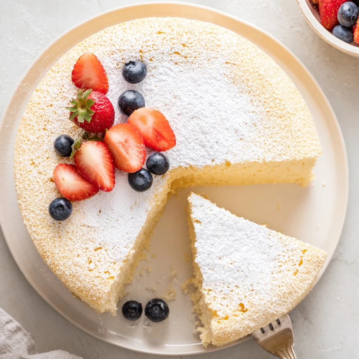 The fluffy yogurt cloud cake rests on a cooling rack with lemon zest and a serving fork nearby.