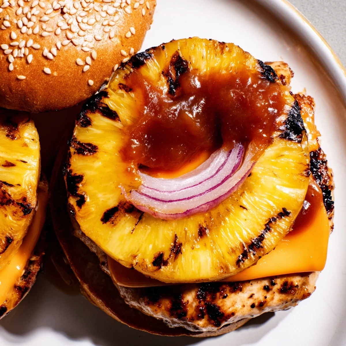 Grilled Hawaiian Pineapple Chicken Burger with juicy patty and caramelized fruit on a toasted bun.
