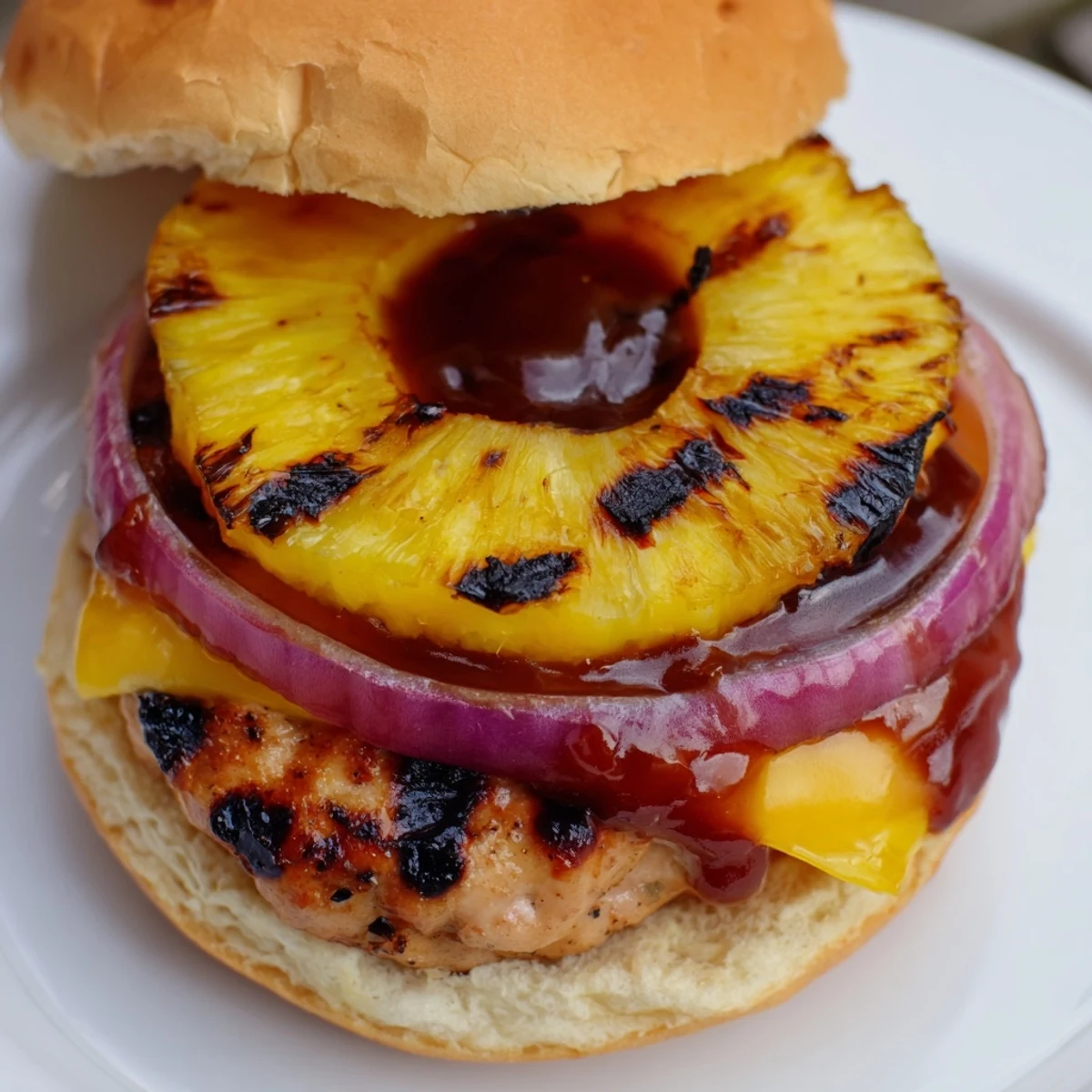 Serving suggestion: fresh lettuce, tomato, and tangy barbecue sauce make this tropical burger irresistible.