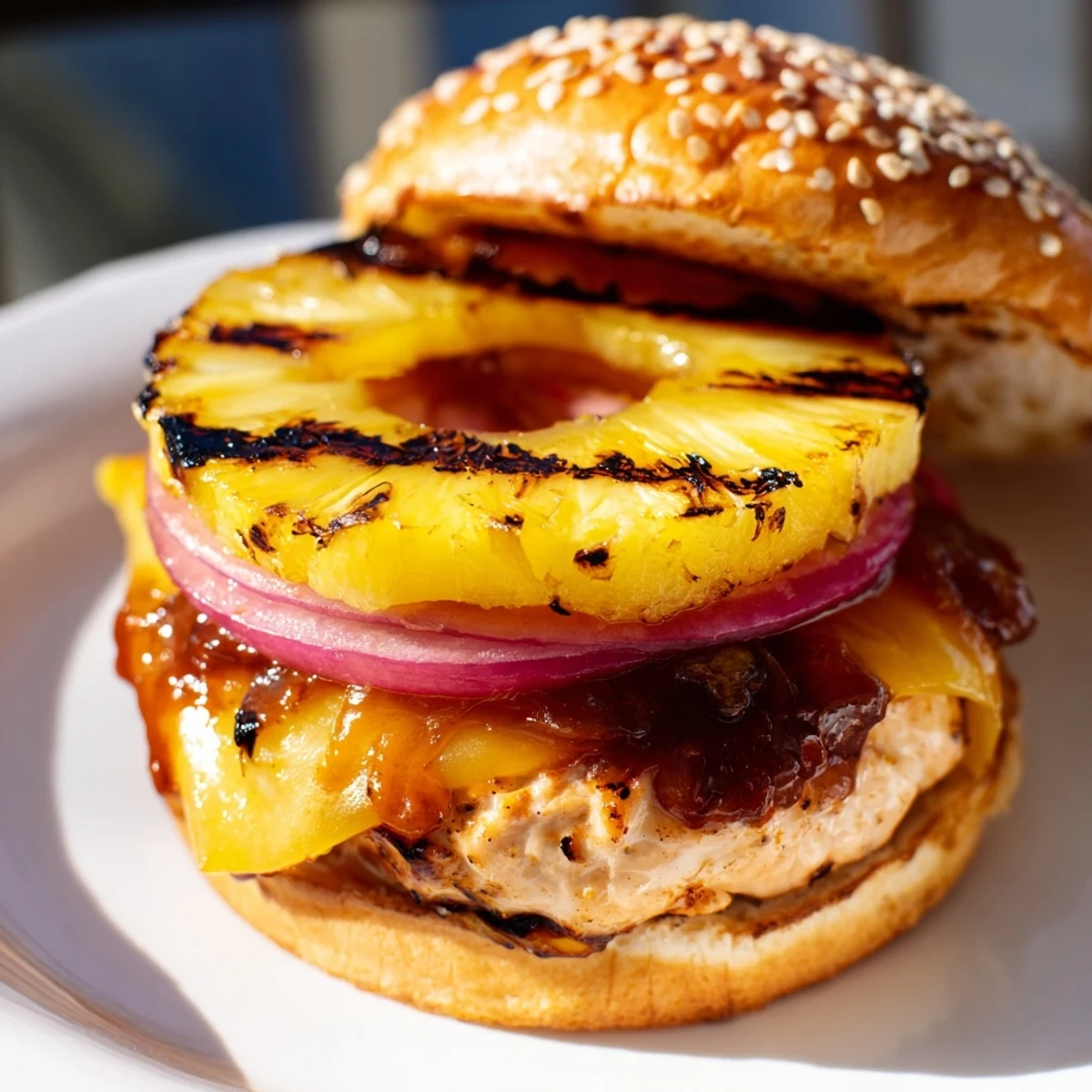 Ready-to-eat Hawaiian Pineapple Chicken Burger plate, perfect for summer grilling in American home kitchens.