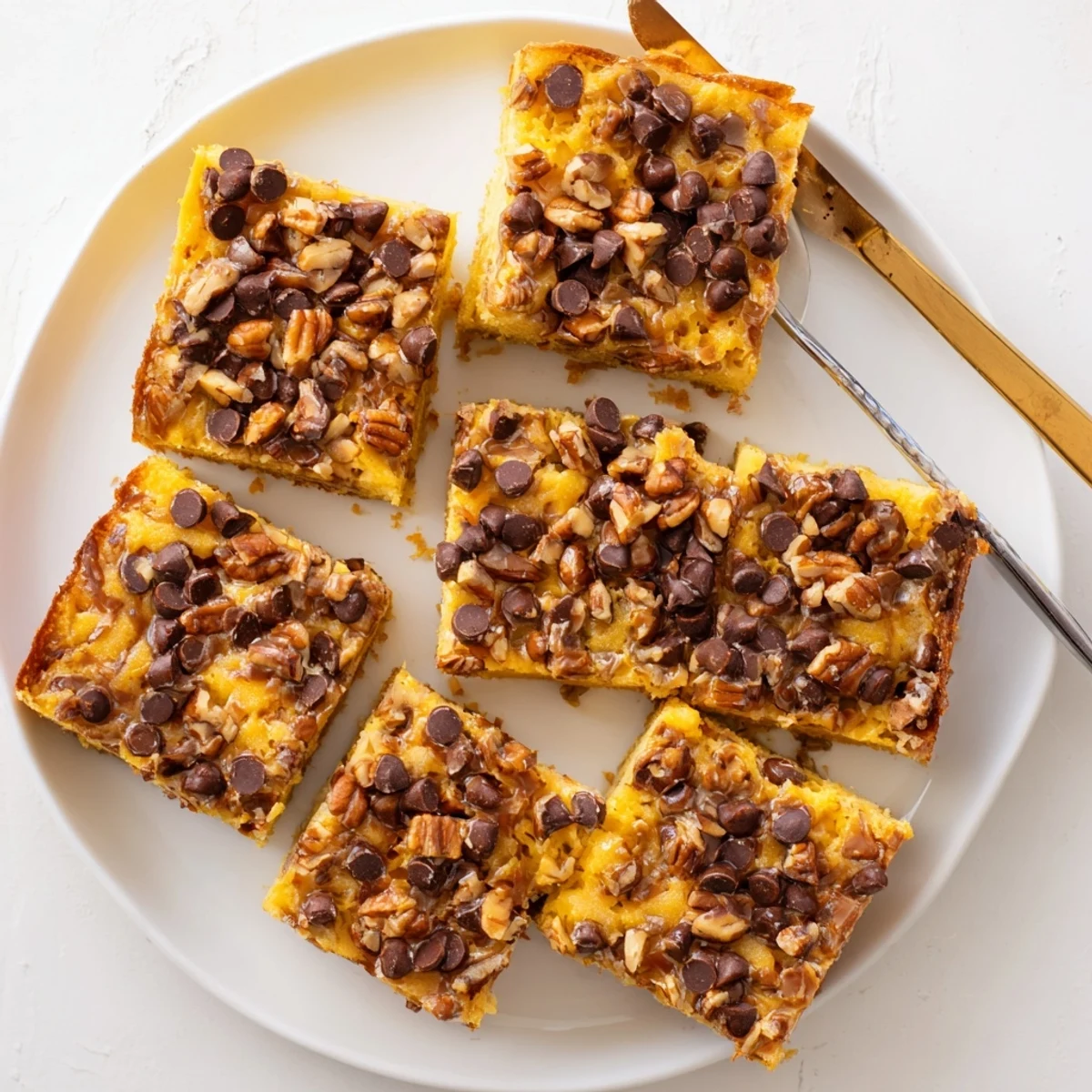 Warm, golden Cake Mix Toffee Bars emerge from the oven with bubbling chocolate and crunchy pecans on top.