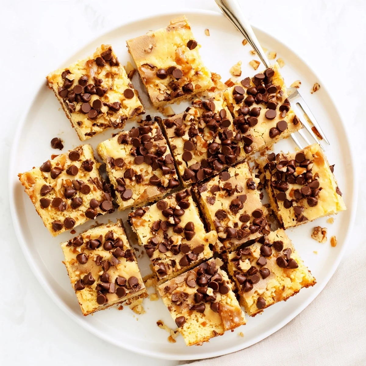 Perfect for potlucks, these sweet Cake Mix Toffee Bars are displayed on a white plate next to a glass of milk.