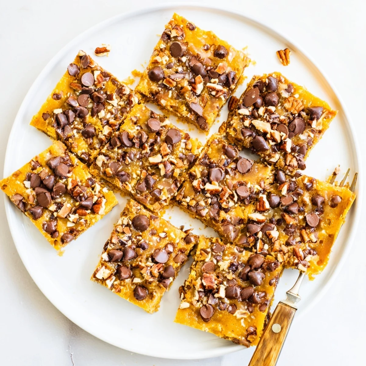 A close-up shot shows chewy Cake Mix Toffee Bars stacked on a rustic wooden board, dusted with sea salt.
