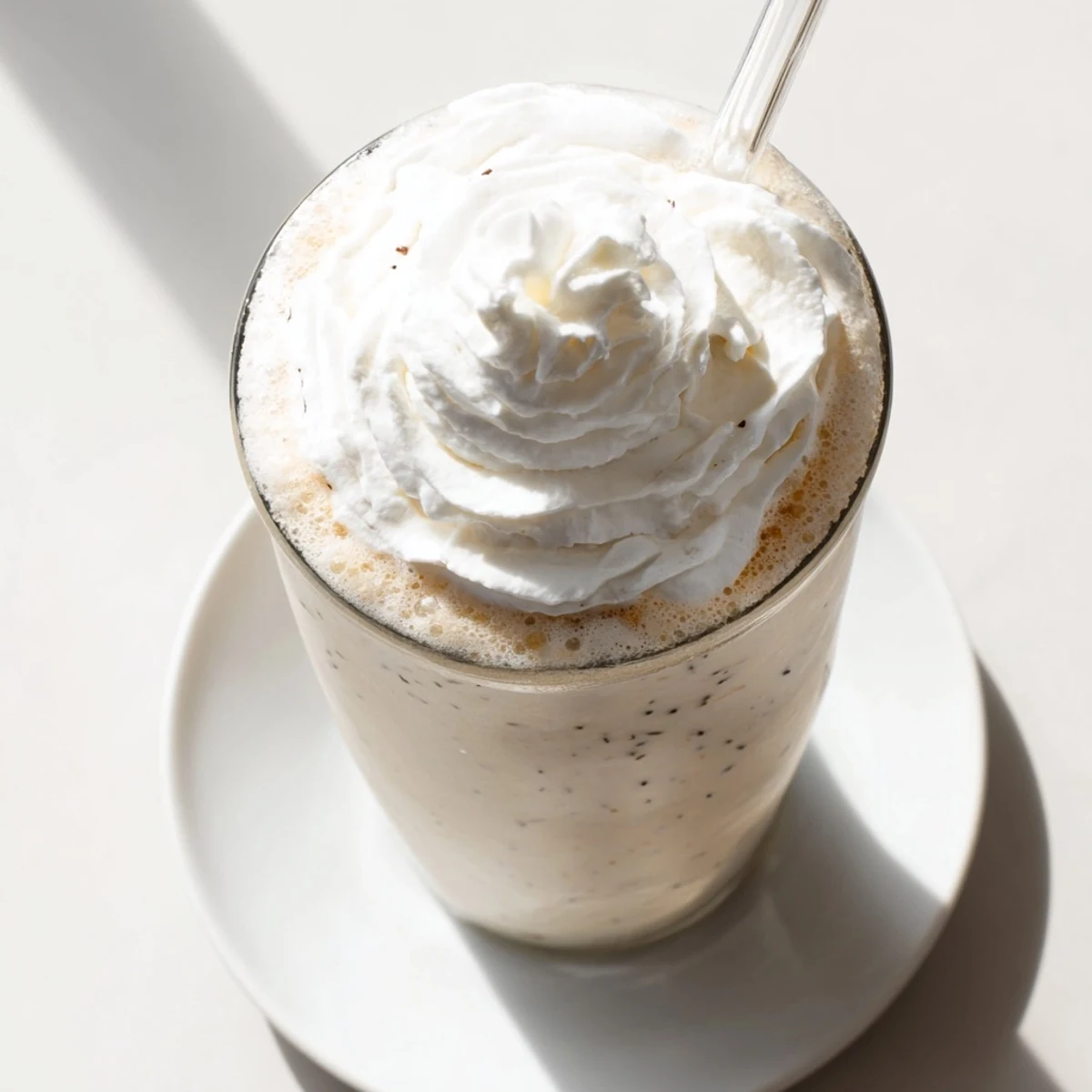 A tall glass of creamy Vanilla Bean Frappuccino topped with fluffy whipped cream and a straw.