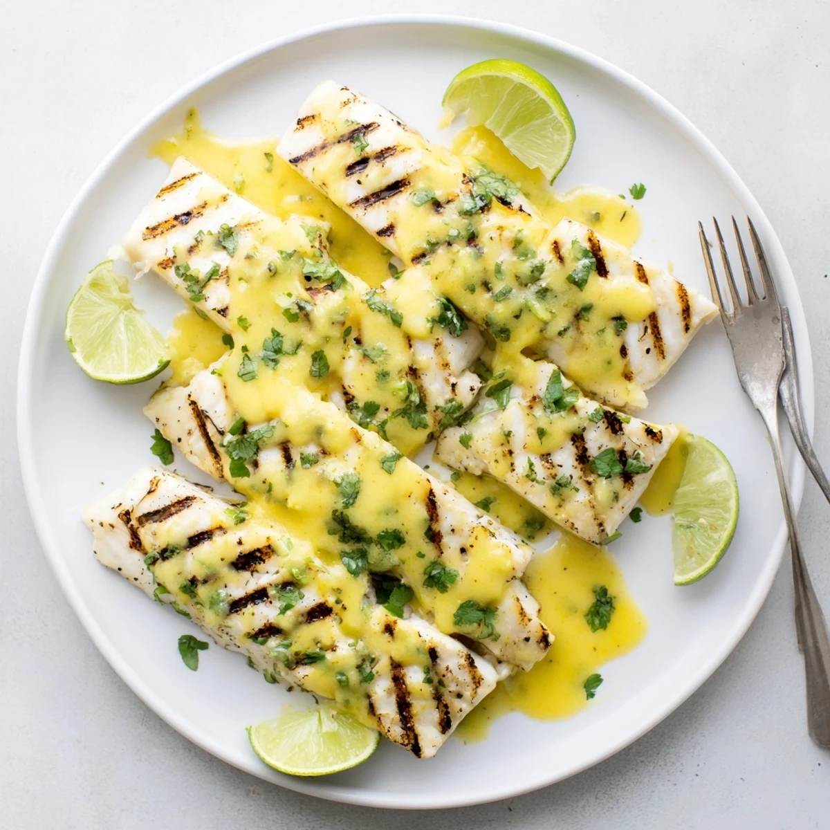 Perfectly grilled mahi mahi fillets glistening with mango lime butter sauce and fresh cilantro garnish.