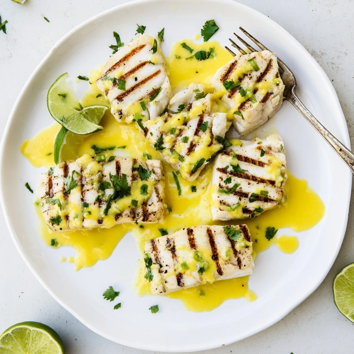 Succulent mahi mahi topped with creamy mango lime butter, ready to serve for a summer dinner.