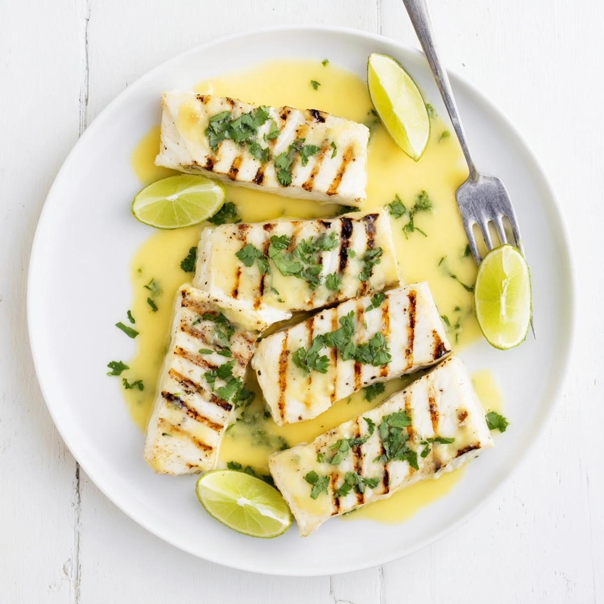 Tropical mahi mahi mango lime butter grilled seafood delight served with lime wedges on a plate.
