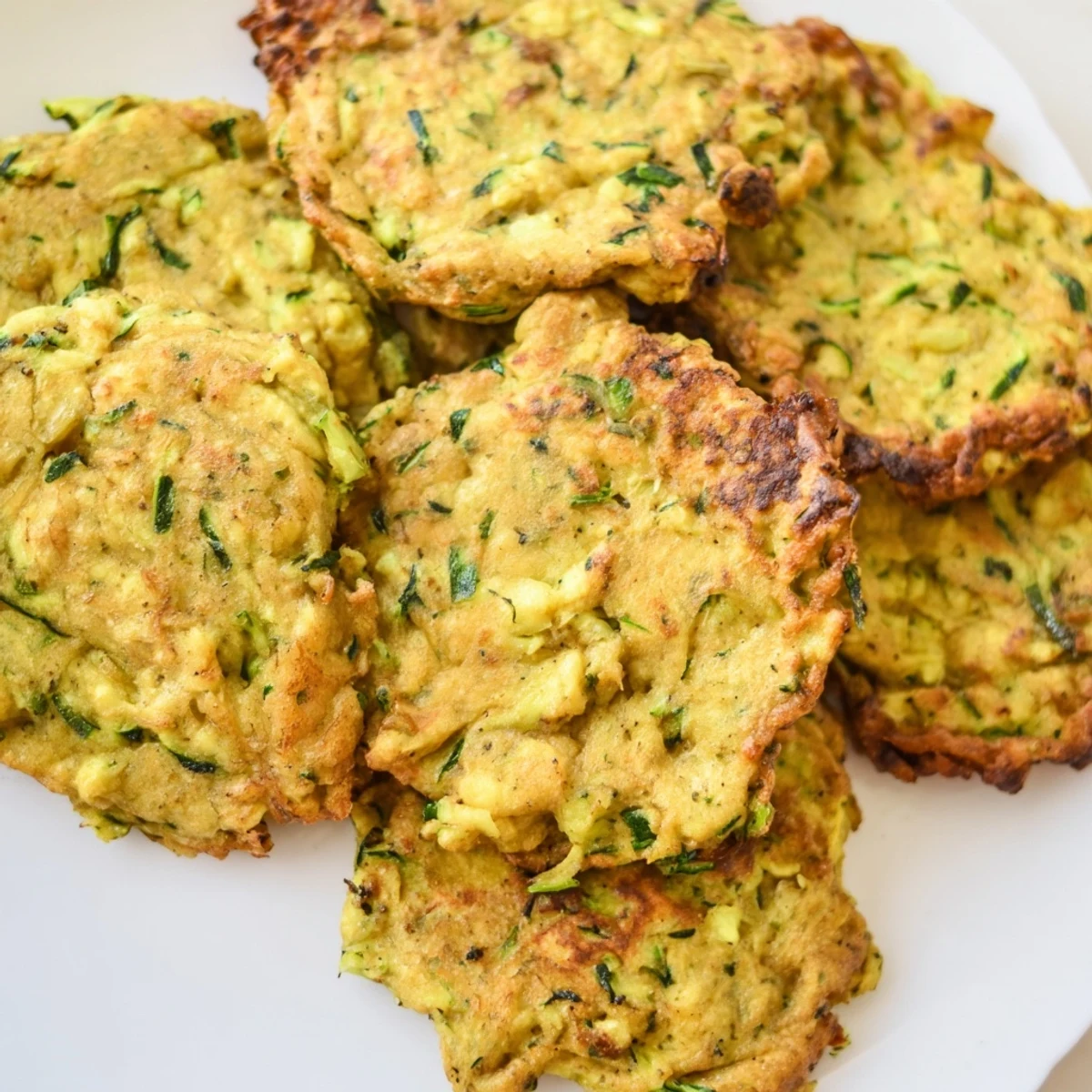 Golden-brown, crispy Chickpea Zucchini Fritters served warm on a rustic wooden platter with a side of creamy yogurt dip.  