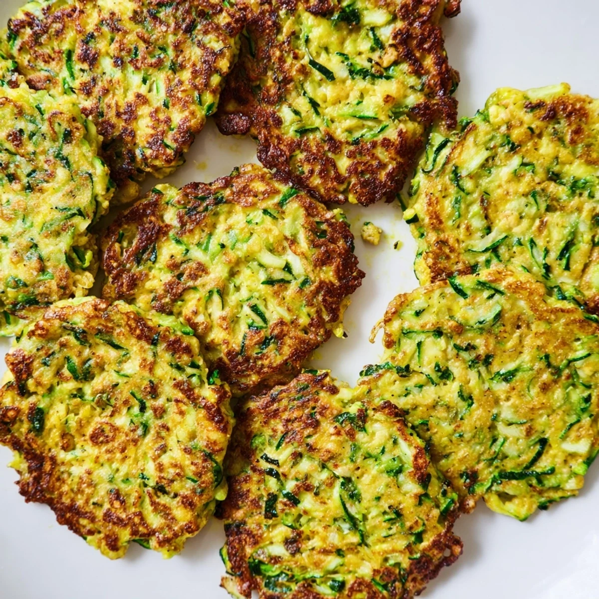 Close-up shot of freshly fried Chickpea Zucchini Fritters, showcasing a tender interior with visible flecks of zucchini and herbs.  