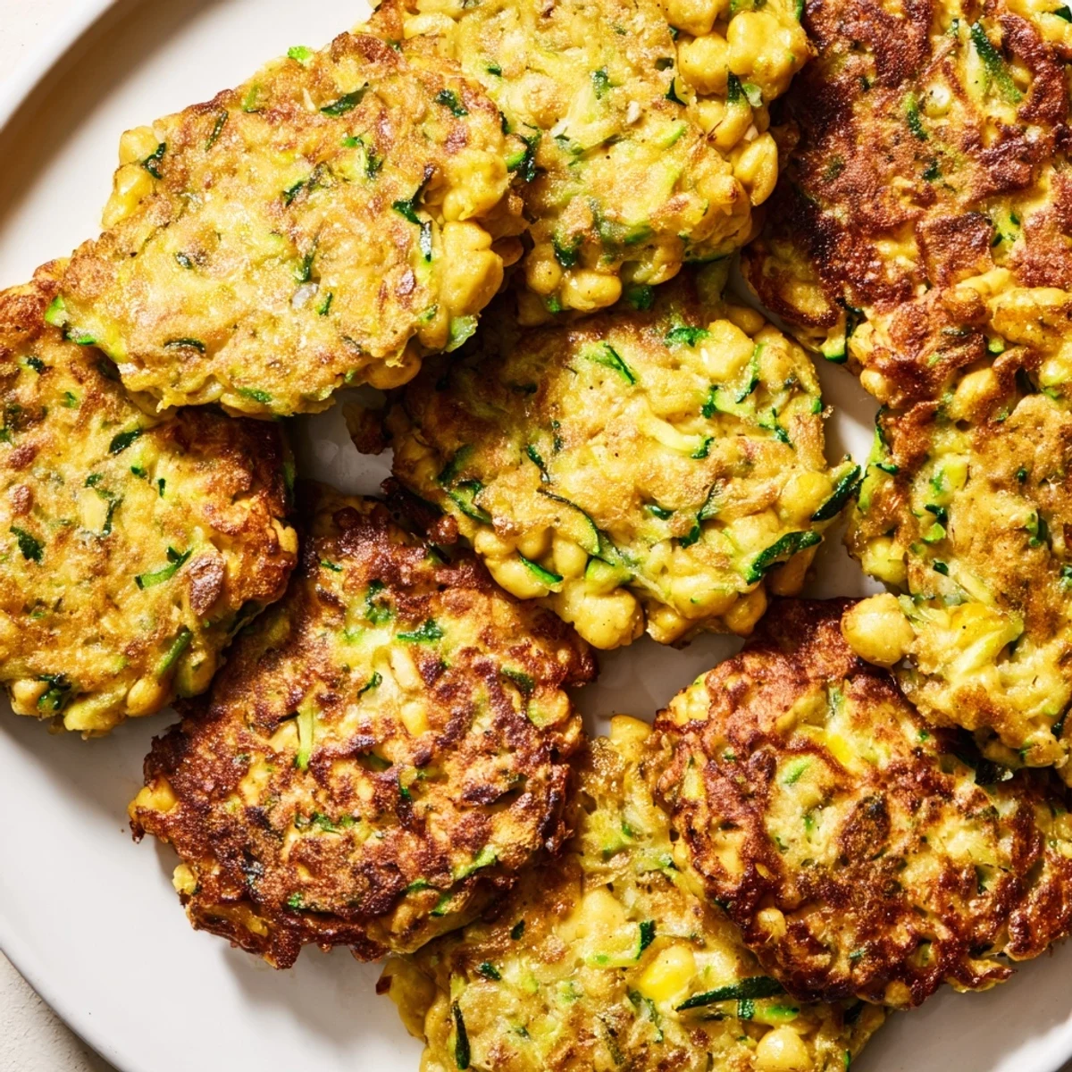 A plate of golden Chickpea Zucchini Fritters beside lemon wedges and a bowl of tzatziki for a Mediterranean appetizer.