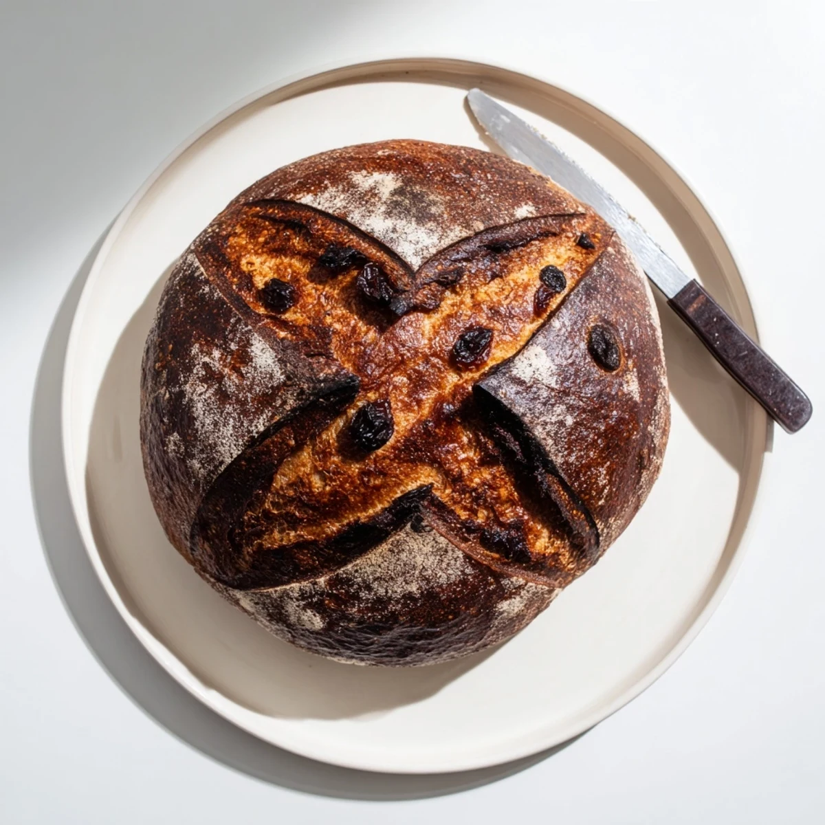 Freshly baked Cinnamon Raisin Artisan Bread cooled on a wire rack, perfect for toasting with butter.