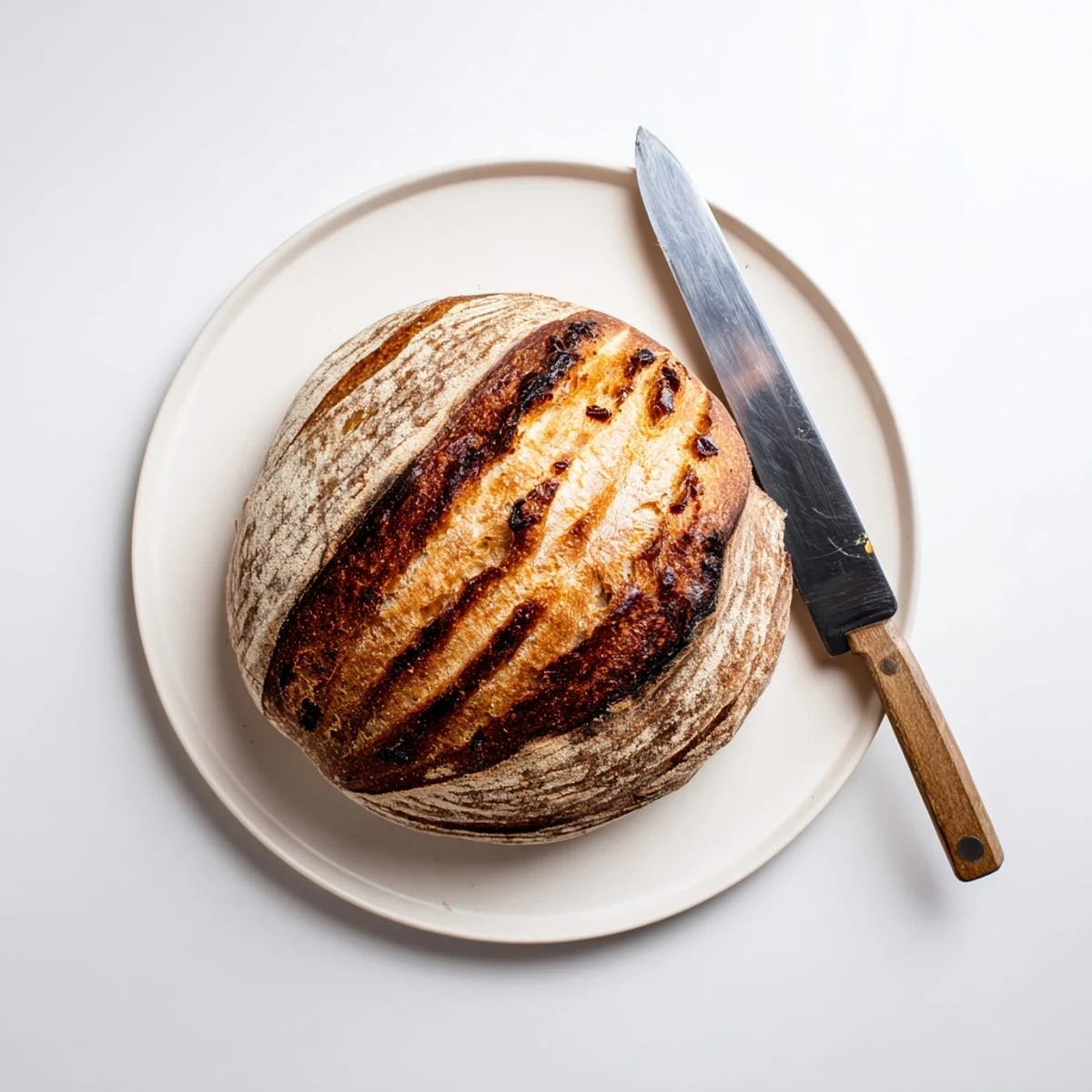 Rustic, golden-brown Cinnamon Raisin Artisan Bread loaf sliced neatly to show the sweet, cinnamon-swirled interior.