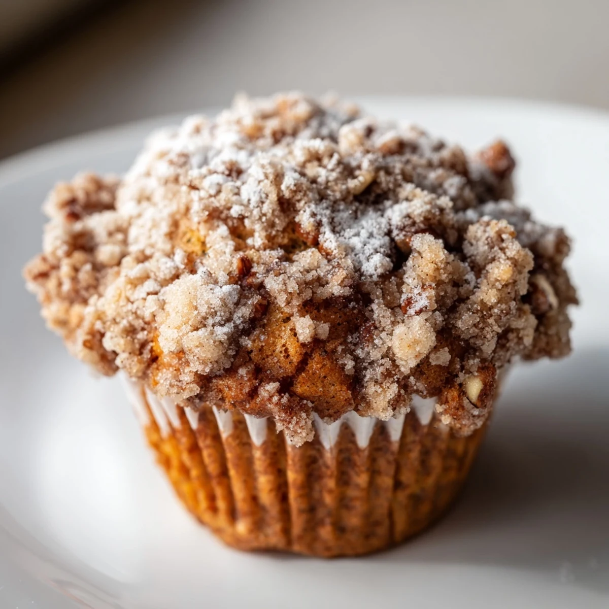 Warmly glazed Cinnamon Muffins with Crunch Topping rest on a wire rack, offering a sweet breakfast treat.