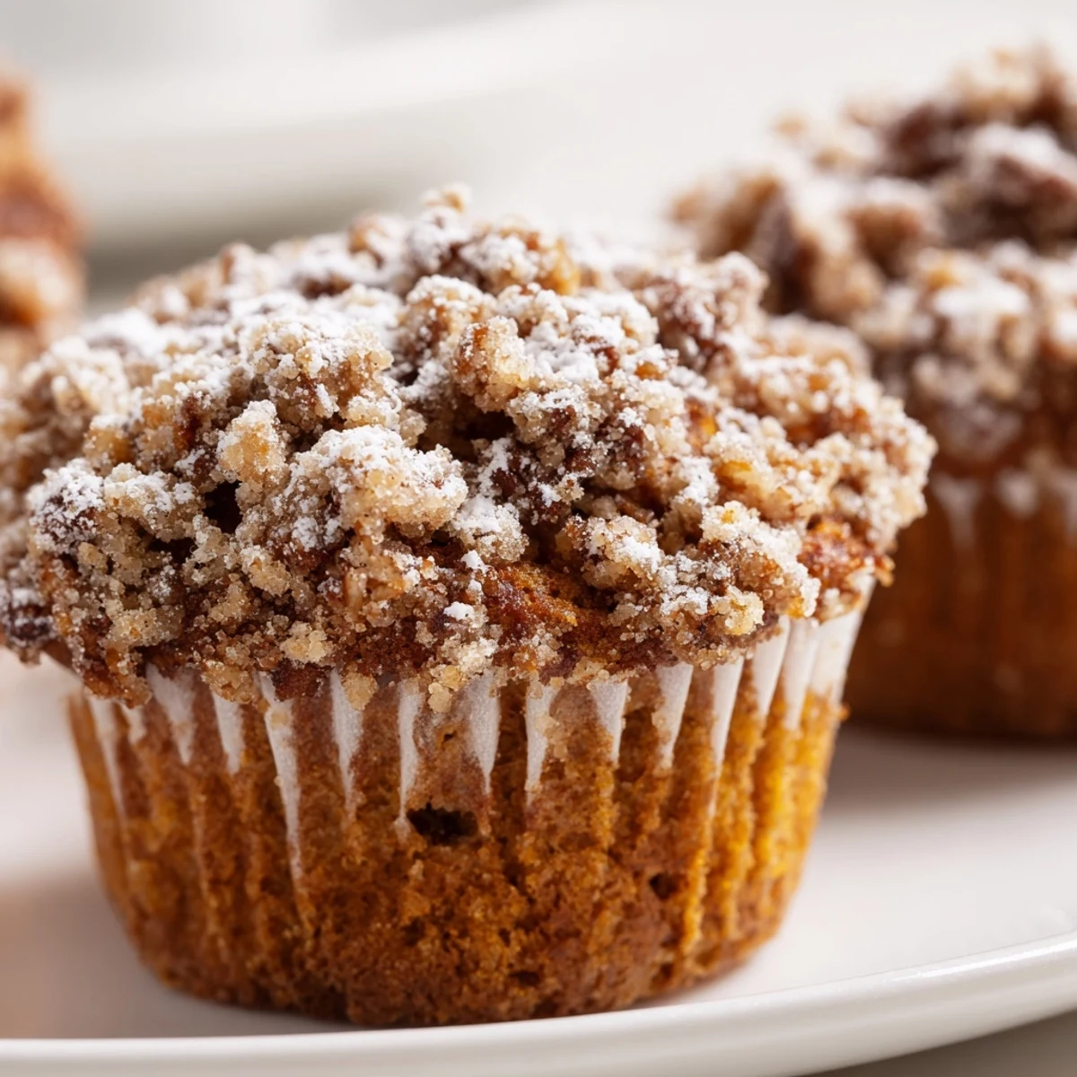 A close-up of Cinnamon Muffins with Crunch Topping highlights the moist interior and buttery streusel for snacking.