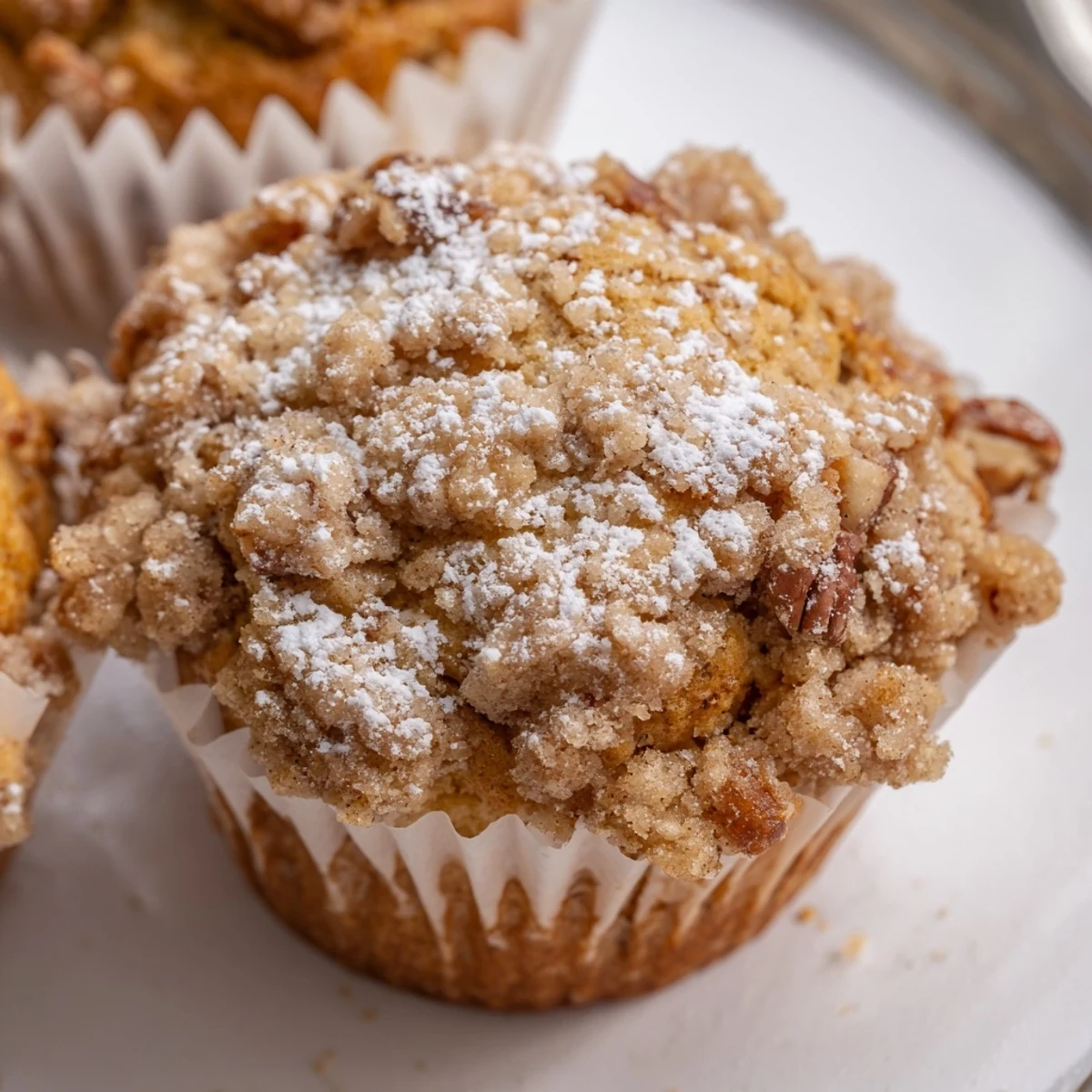 Freshly baked Cinnamon Muffins with Crunch Topping are displayed on a wooden board, showcasing their golden crumbs.
