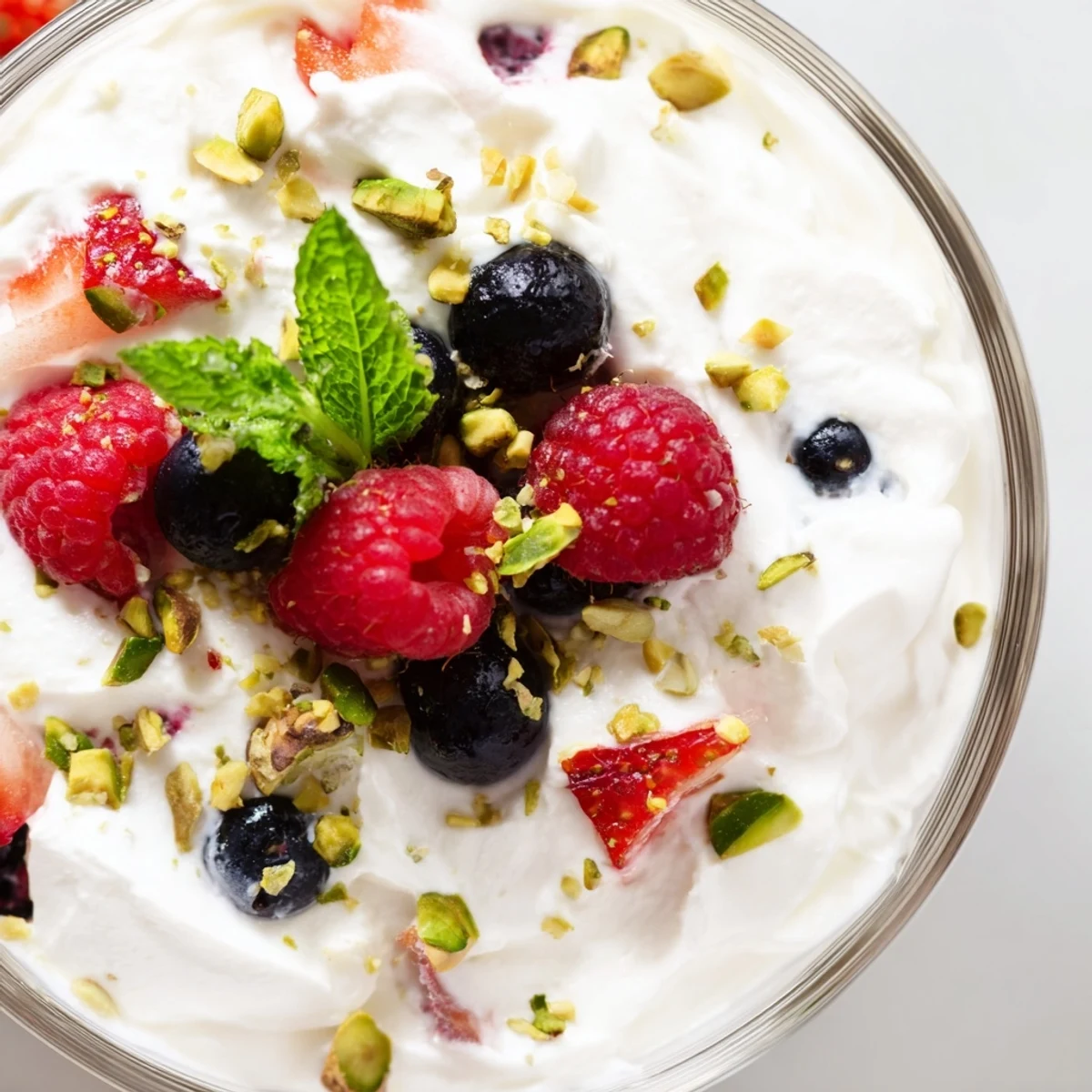 Fluffy Yogurt Cloud Dessert with Berries and Cream layered in a glass with fresh berries and cream.