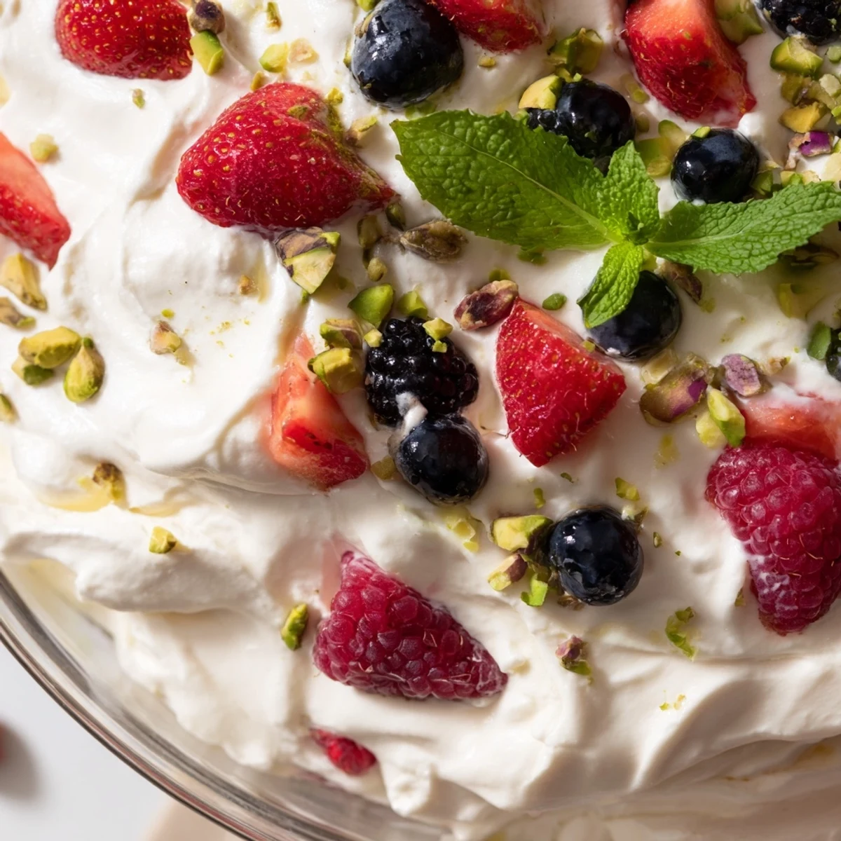 Serving Fluffy Yogurt Cloud Dessert with Berries and Cream from a clear glass on a marble counter.