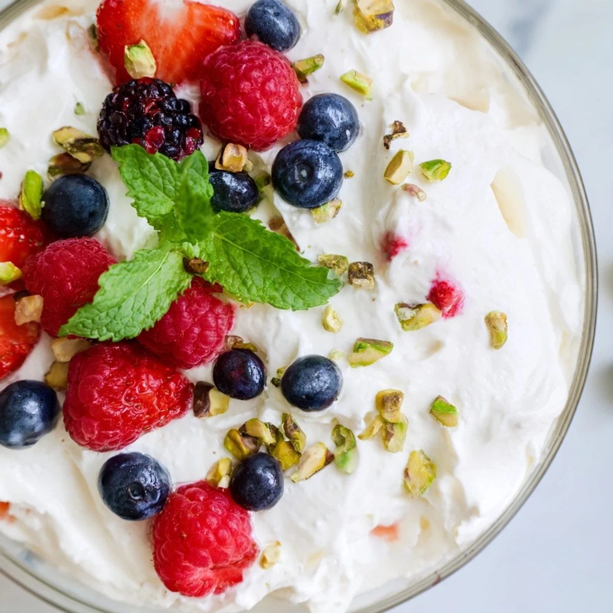 A close-up of Fluffy Yogurt Cloud Dessert with Berries and Cream topped with crushed nuts and mint.