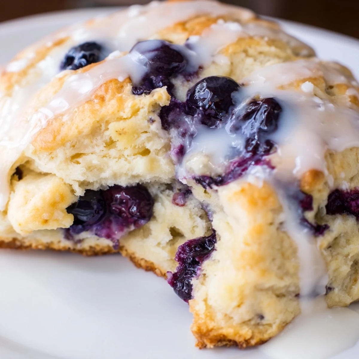 Freshly baked Nakishas Blueberry Biscuits with a sweet glaze on a rustic wooden table, ready for breakfast. 