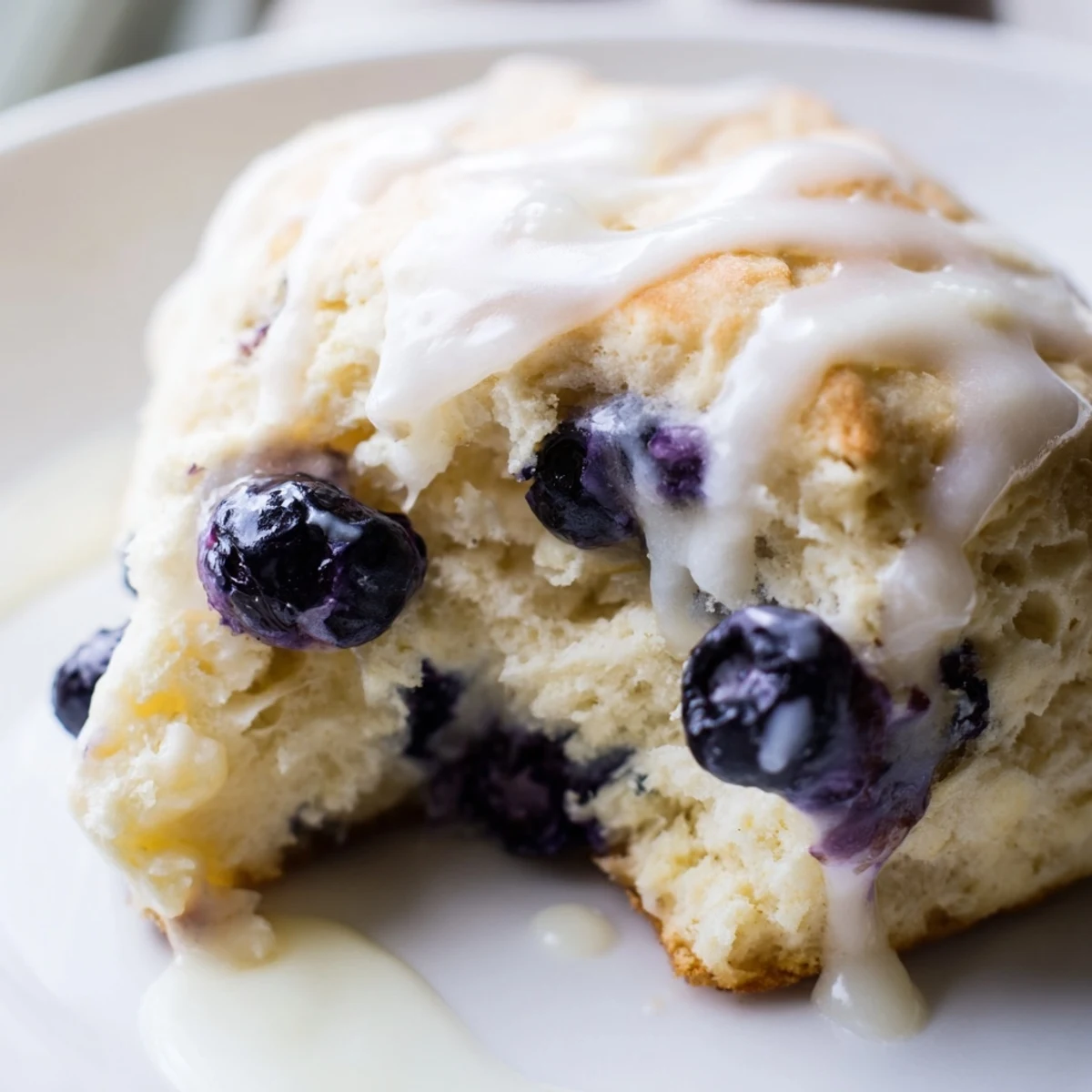 Warm Nakishas Blueberry Biscuits piled high on a plate, showing juicy blueberries inside the tender crumb. 