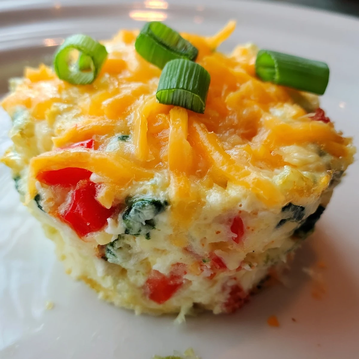 Savory Muffin Tin Cottage Cheese Egg Bites with red pepper and green onions, served on a plate.