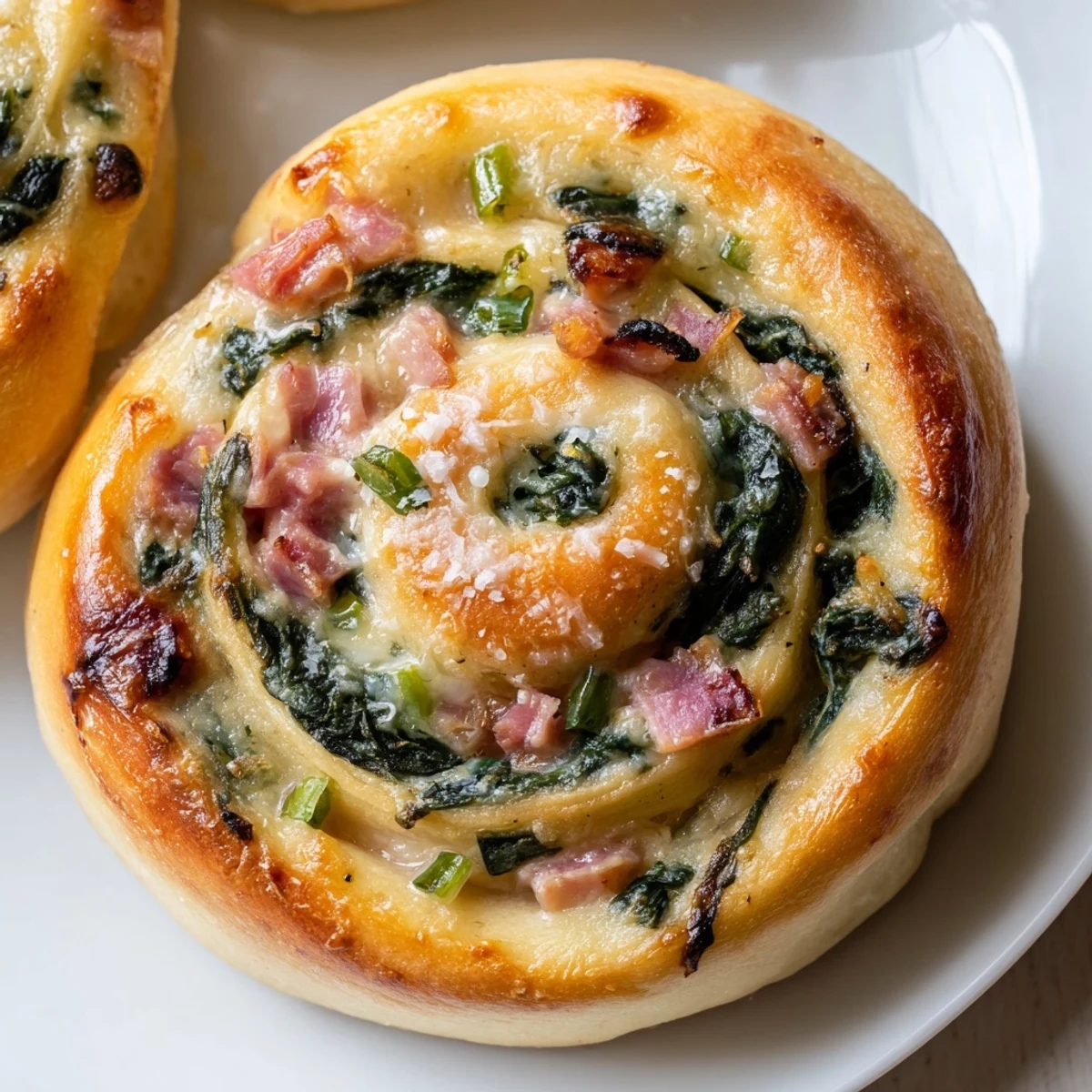 Freshly baked Savory Spinach and Ham Breakfast Rolls are arranged on a white platter, steam rising from the golden tops beside a small bowl of butter.