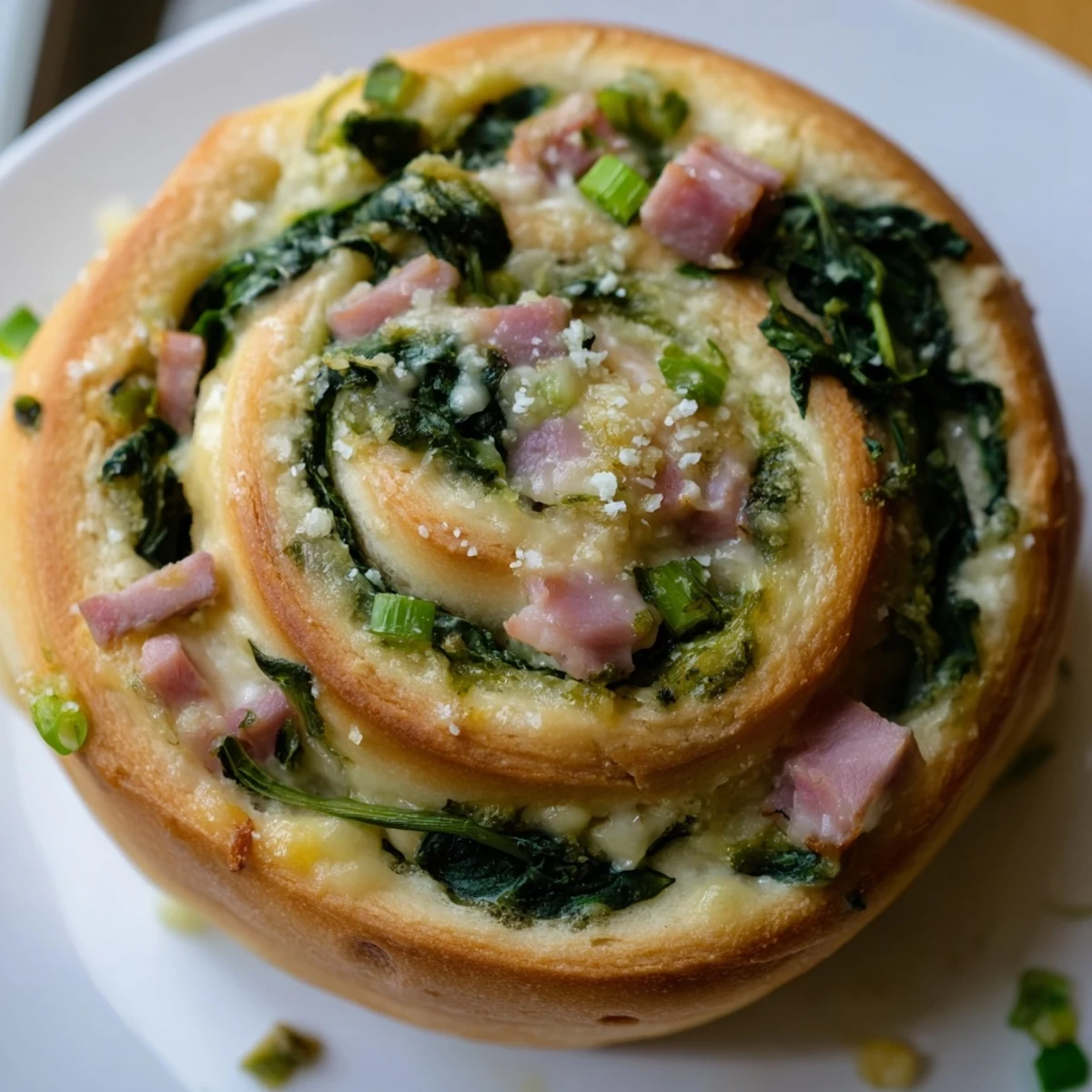 Warm Savory Spinach and Ham Breakfast Rolls are stacked on a wooden board, revealing fluffy texture and savory filling with melted cheese and chopped green onions.