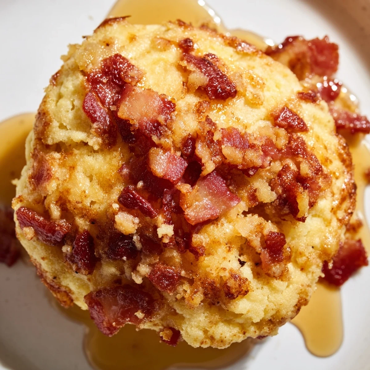 Freshly baked Maple Bacon Pancake Muffins with fluffy interiors and smoky bacon bits, served alongside a steaming mug of coffee.