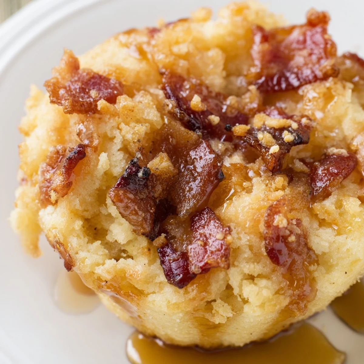 Golden-brown Maple Bacon Pancake Muffins topped with crispy bacon pieces and a drizzle of maple syrup on a wooden board.