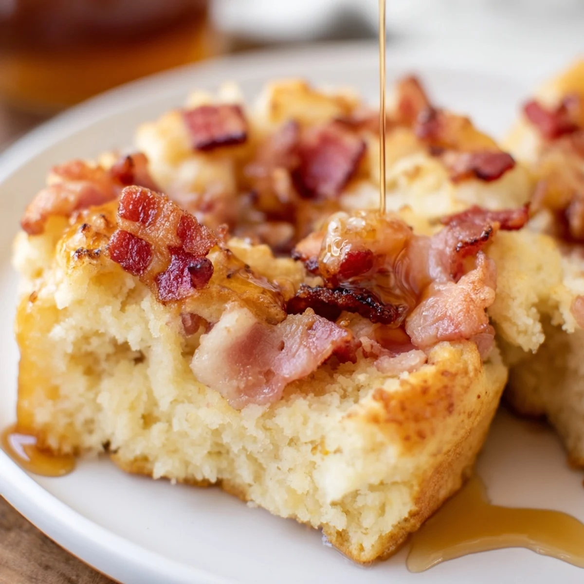 Warm Maple Bacon Pancake Muffins on a cooling rack with a small pitcher of syrup, perfect for a sweet and savory breakfast.