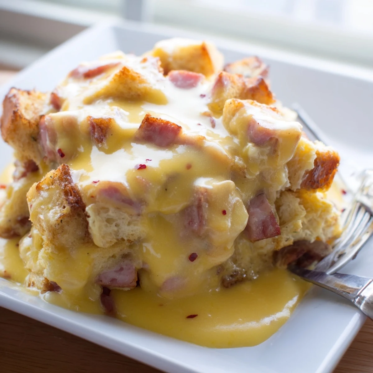 Golden-brown Eggs Benedict Casserole emerges from the oven with a bubbly hollandaise topping.