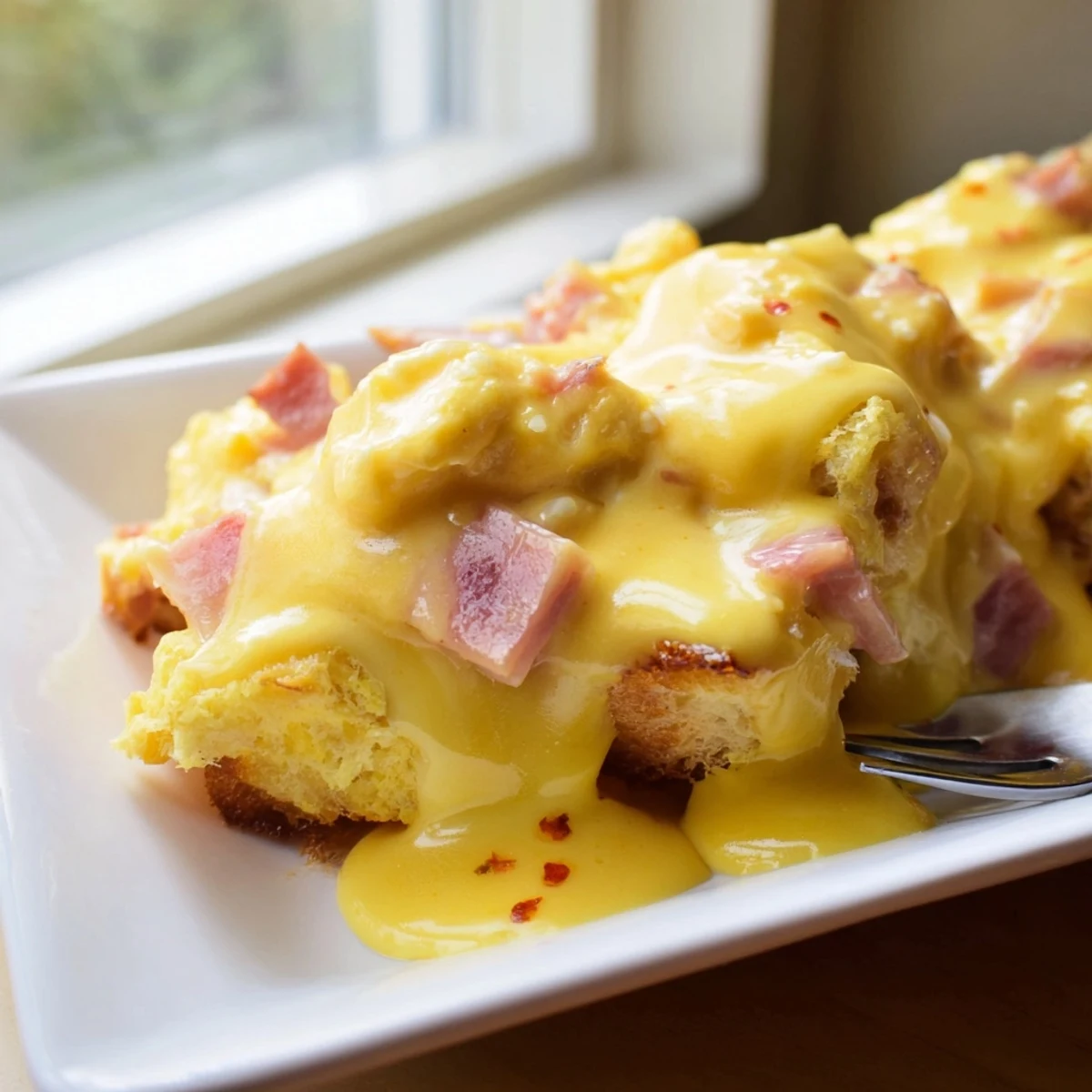 Slices of the easy brunch casserole reveal layers of English muffin and Canadian bacon.