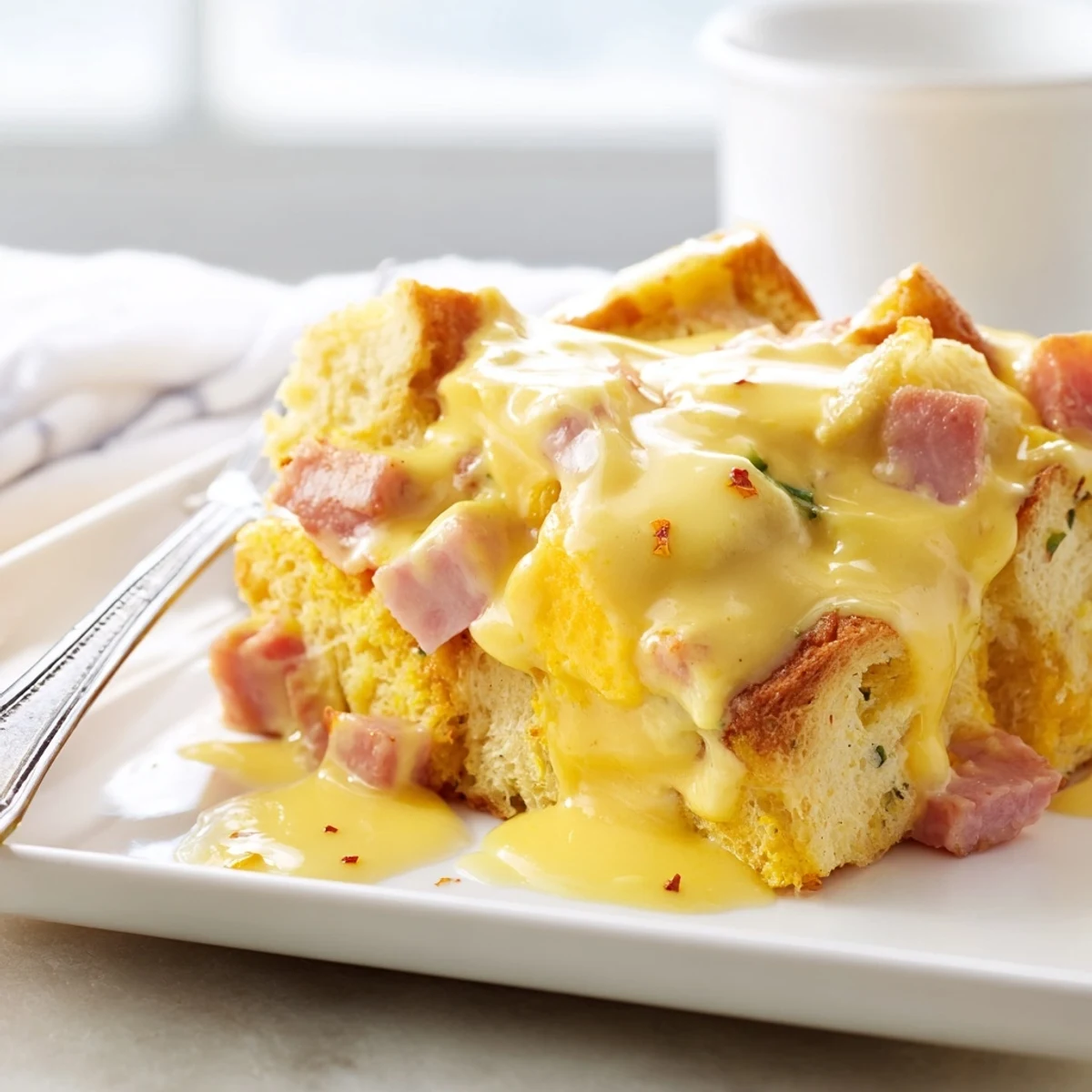 A serving of Eggs Benedict Casserole rests on a white plate, ready to enjoy.