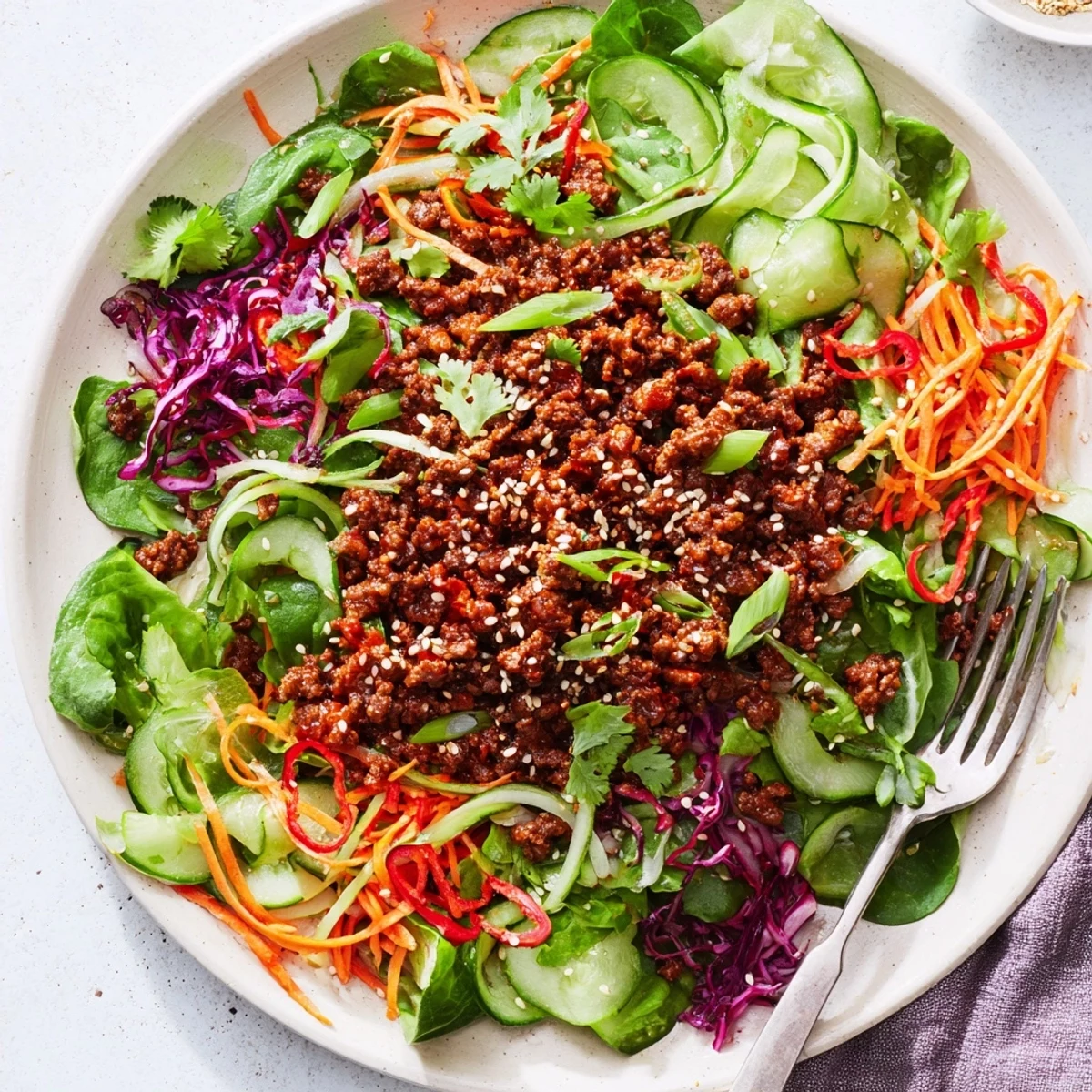 Spicy Keto Korean Ground Beef Salad with spicy beef, crisp veggies, and sesame dressing in a bowl.