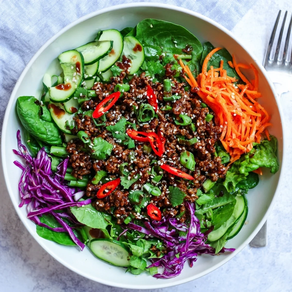 A bowl of Spicy Keto Korean Ground Beef Salad topped with toasted sesame seeds and fresh cilantro.