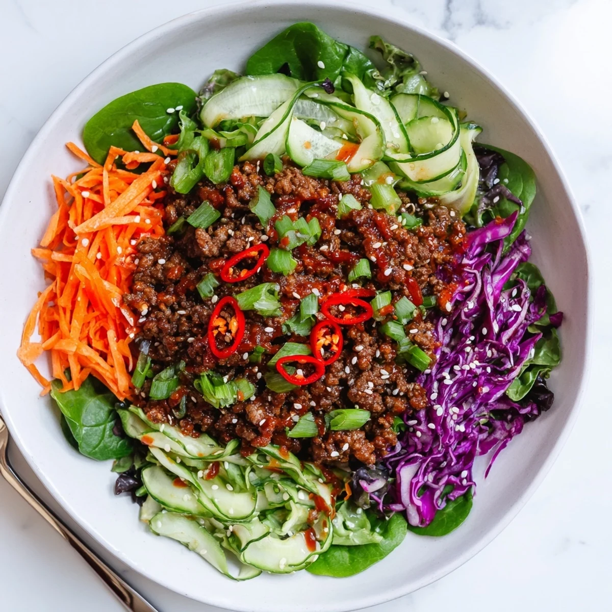 Close up of Spicy Keto Korean Ground Beef Salad showing ground beef, red cabbage, cucumber, and green onions.