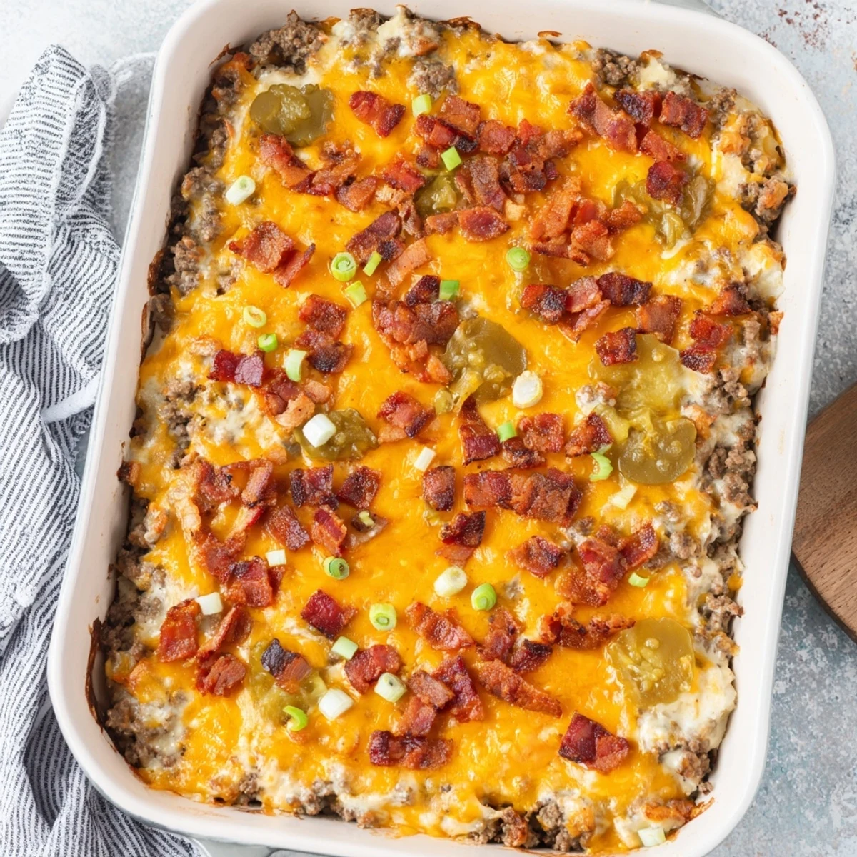 In a white baking dish, the Low Carb Bacon Cheeseburger Casserole is served with fresh dill pickles and green onions.