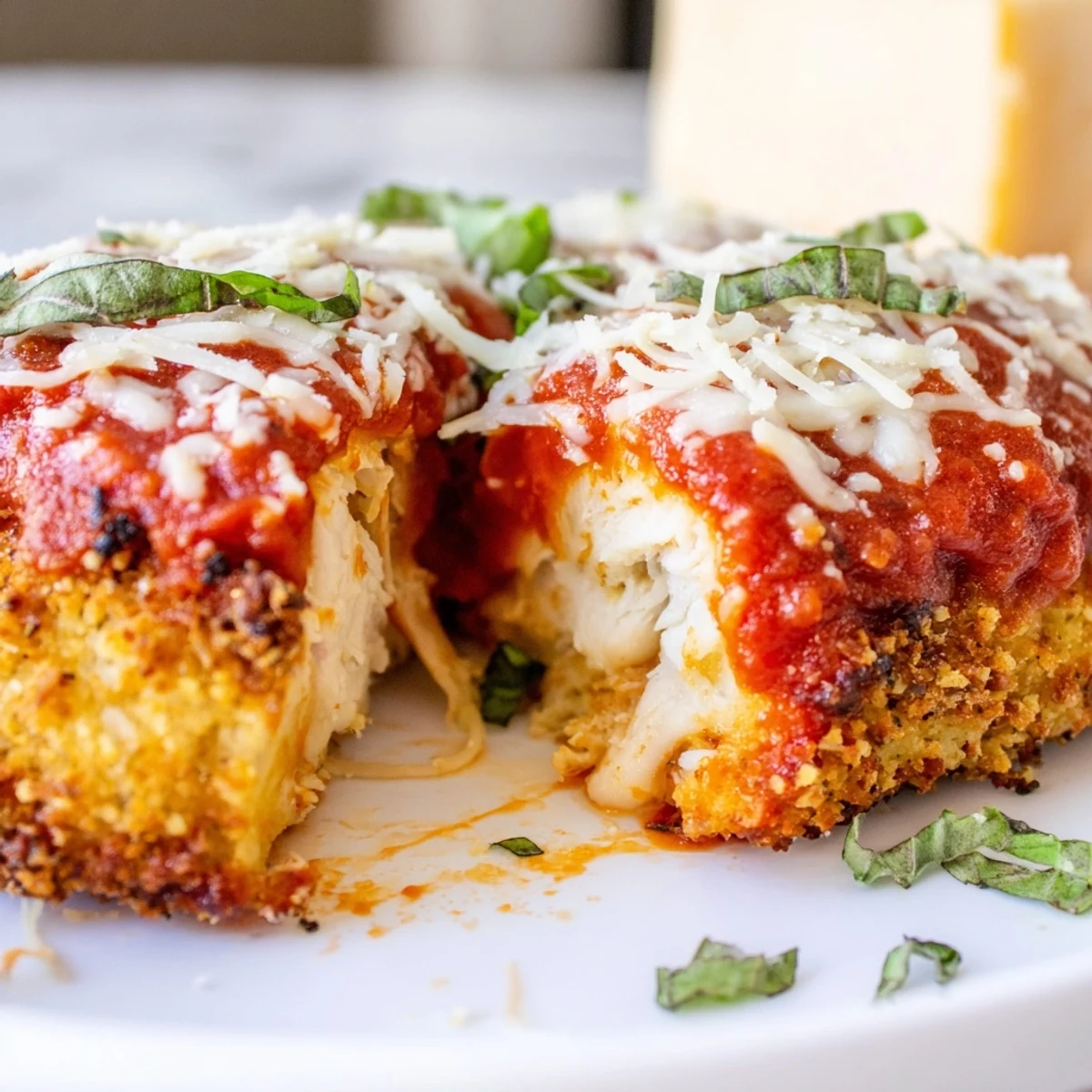 Sizzling low-carb chicken parmesan fresh from the skillet, showing a crispy almond flour crust and fresh basil garnish.  
