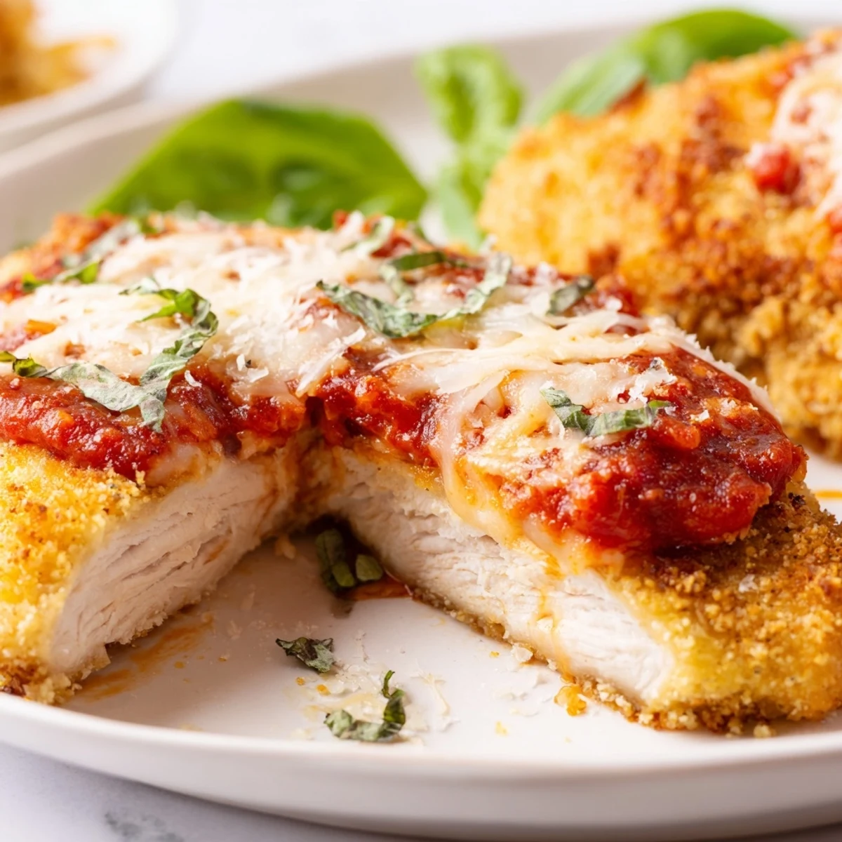 Golden-brown keto chicken parmesan baked with bubbly marinara and melted mozzarella on a rustic wooden table.  
