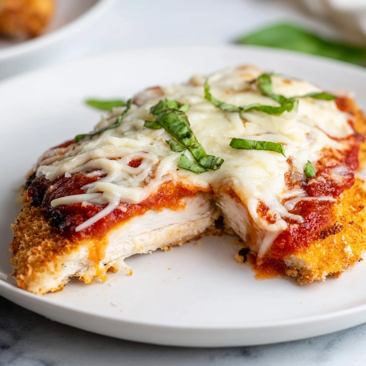 Plated keto chicken parmesan served over zucchini noodles for a delicious, gluten-free Italian dinner at home.