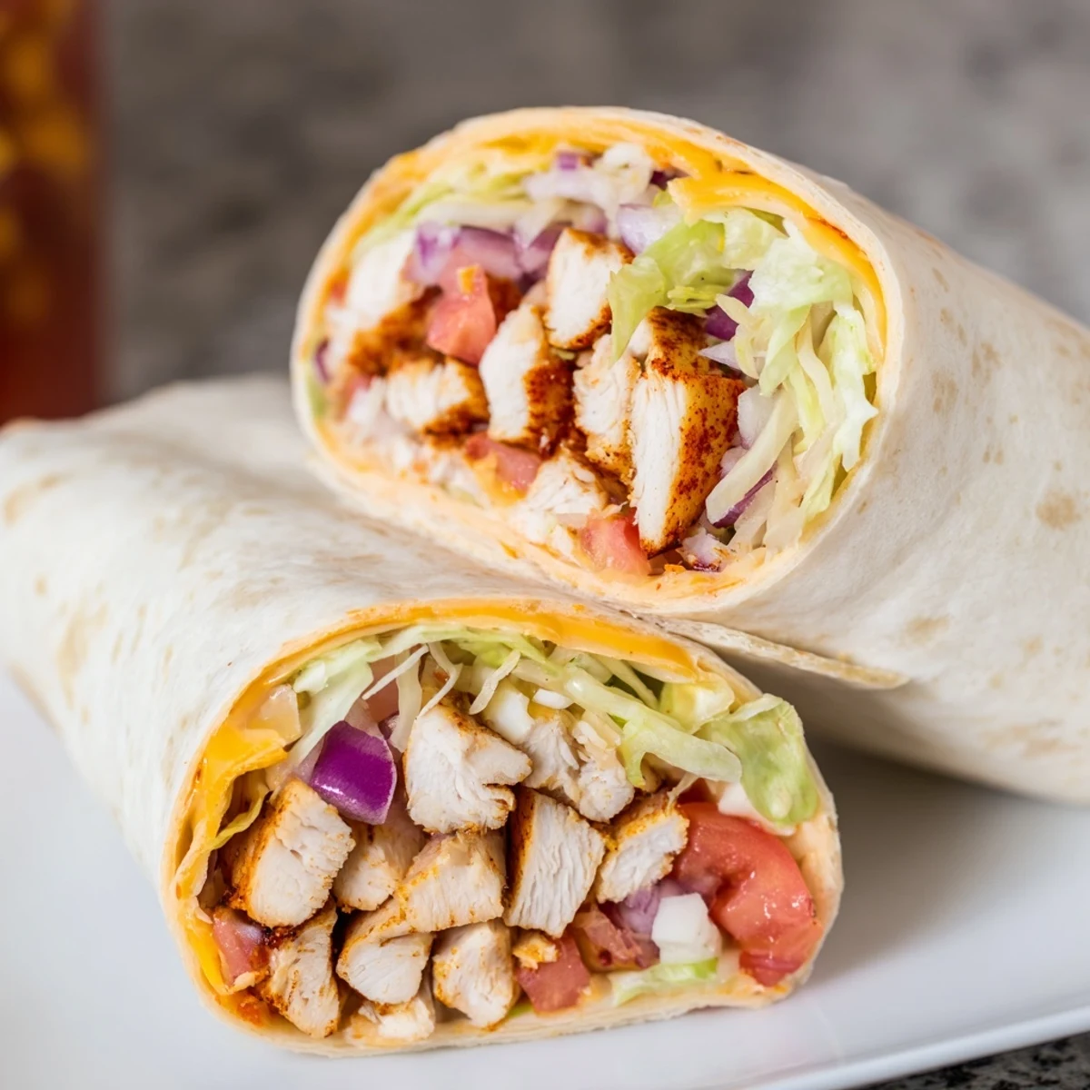 Close-up of Cheesy Garlic Chicken Wraps showing melted cheddar and mozzarella oozing from the warm, grilled tortilla edges.