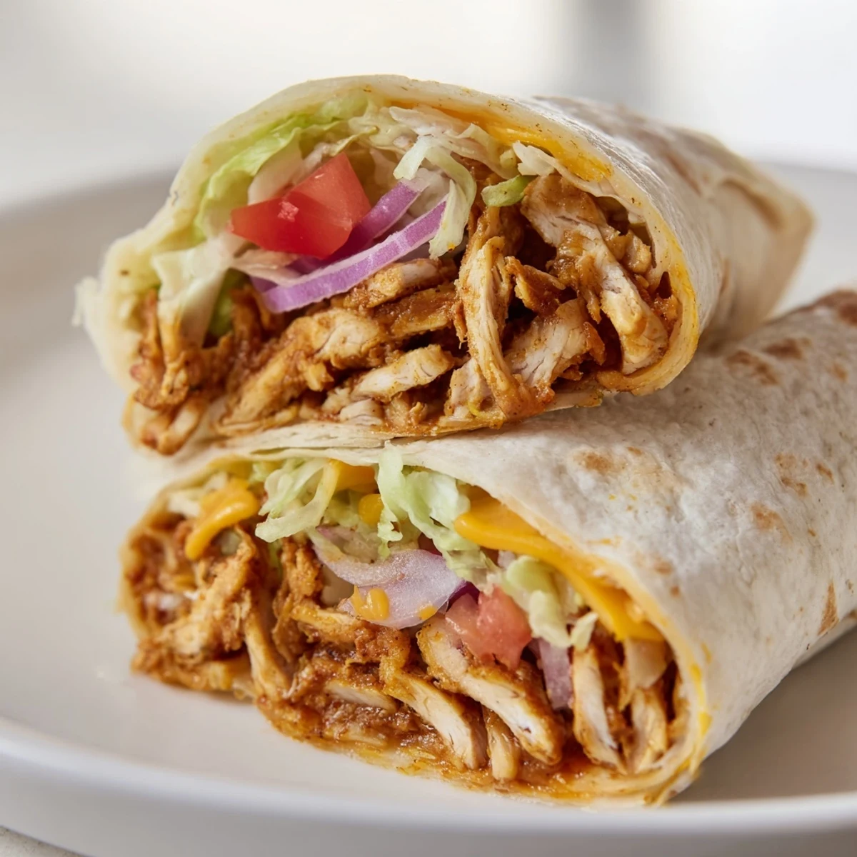 Stuffed Cheesy Garlic Chicken Wraps sliced in half, revealing juicy garlic chicken strips and colorful veggies inside the soft wrap.