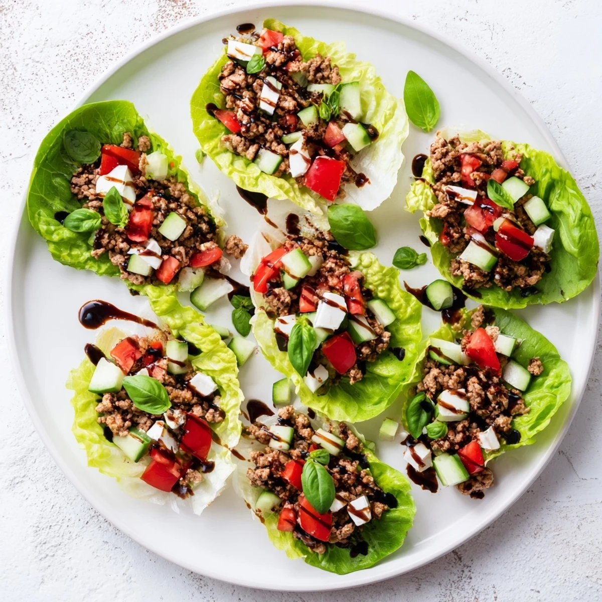 Spoonfuls of herbs and ground turkey nestled inside crisp lettuce cups, topped with tomatoes and a balsamic drizzle create Italian Lettuce Wraps.